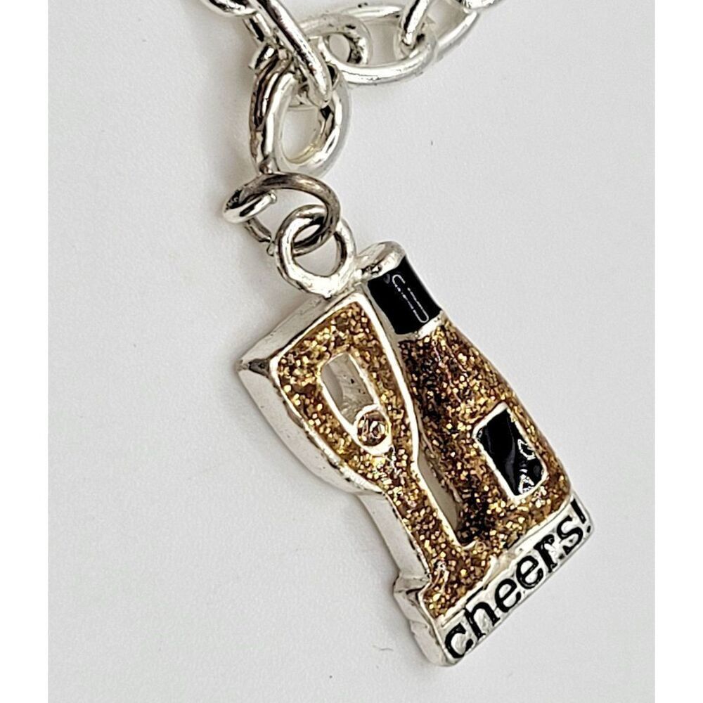 Vintage Y2K Icing Silver Charm Bracelet Wine Cheers Bracelet 8in